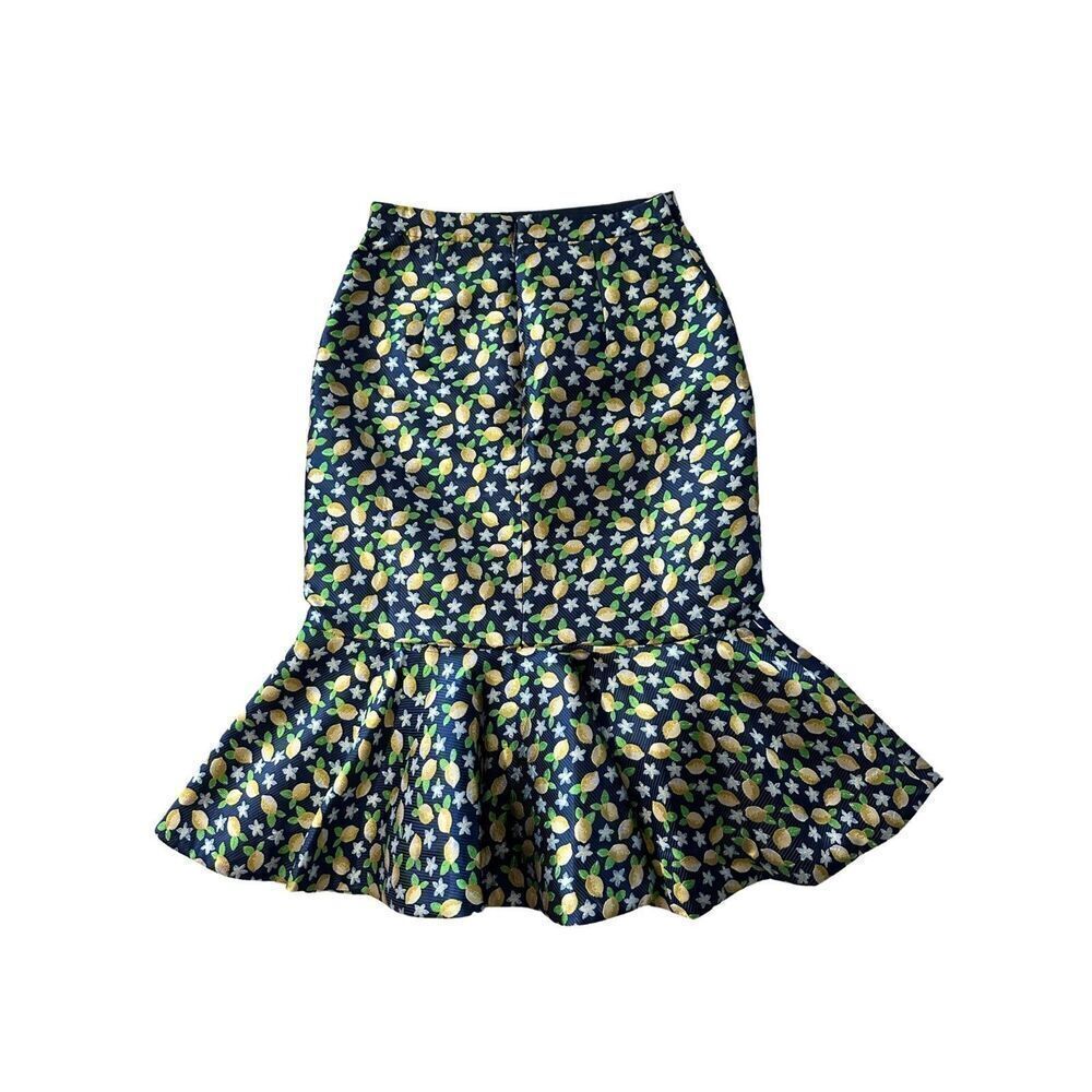 Vintage J.Crew Navy Blue All Over Lemon Print Mermaid Skirt, Size 0